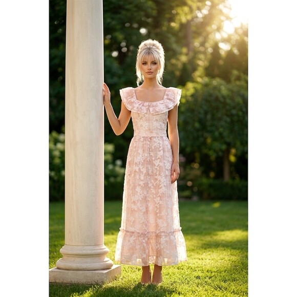 just me Dresses & Skirts - just me Maxi Dress Womens Size S Pink Floral Romantic Ruffle Tie Back